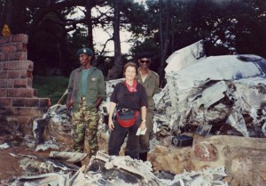 The genocide began within hours that the plane carrying the Rwandan president was shot down coming in for a landing in the capital Kigali. Once the Rwandan rebel army captured the Kigali airport, it was possible for journalists to visit the crash site. The president's country estate bordered the airport and part of the wreckage ended up near his swimming pool. The Rwandan Patriotic Front soliders hated having their pictures taken. The only way to do it was to pose with them. © Donatella Lorch