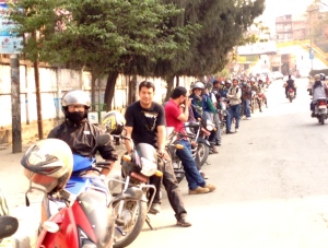 Fuel lines snake around the block - a standard sight in Kathmandu where fuel shortages are commonplace © Donatella Lorch
