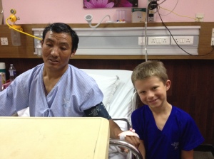 Lucas with Kaji Sherpa at  Kathmandu hospital. ©Donatella Lorch