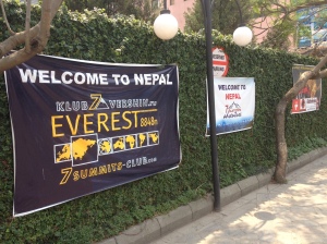 Banners welcoming Everest expeditions still line the parking lot walls at the Yak&Yeti Hotel in Kathmandu © Donatella Lorch