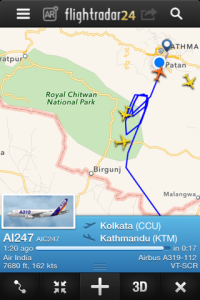 Flight Radar24 flight patterns on a recent day in Kathmandu